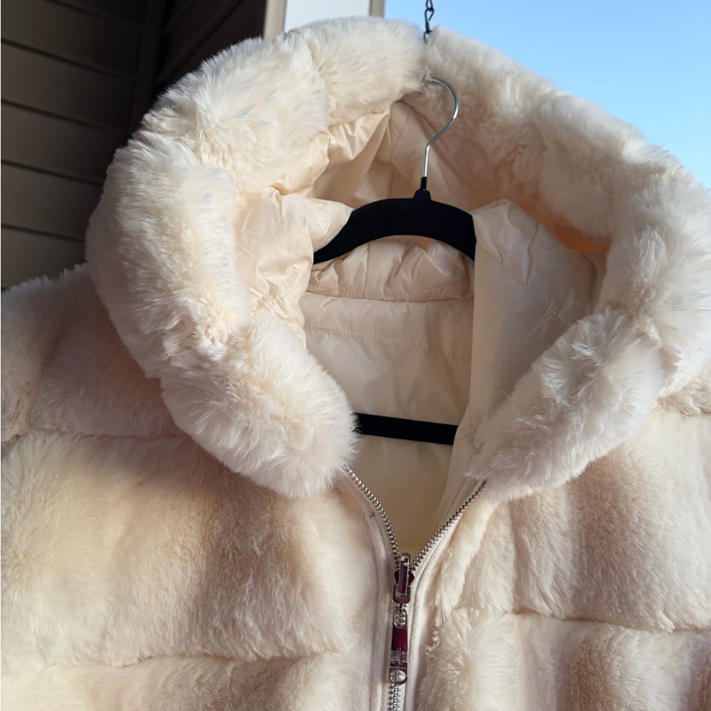 🆕❄️Sam Edelman Reversible Faux Fur Hooded Outwear Wool Coat Cream Jacket XL - Picture 10 of 17